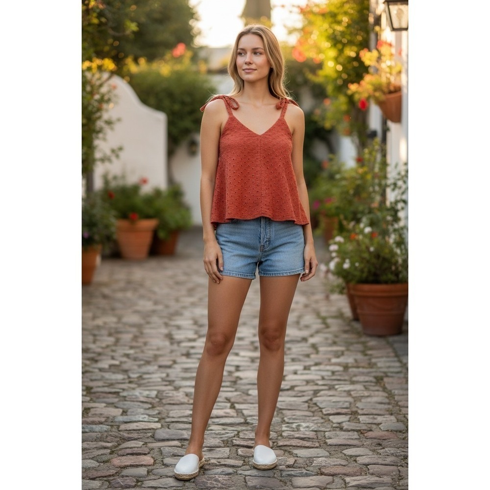 ASOS Tank Top Womens Size 0 Red Orange Eyelet Tie Strap Boho Summer Top